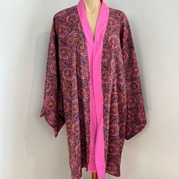 Vintage Handmade Unisex Japanese Style Pink Paisley One Size Kimono Robe - Picture 1 of 15